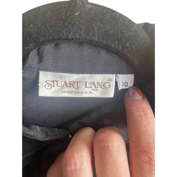 Vintage Stuart Lang Black Retro Secretary Glam Gothic Satin Blouse Size 10 - Picture 5 of 6